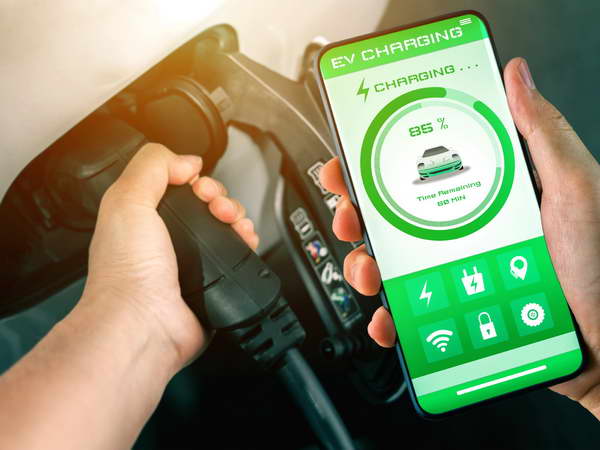 EV charging station for electric car with mobile app display cha